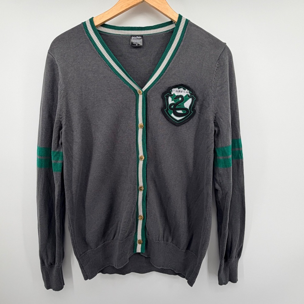 Harry Potter Slytherin Cardigan Adult Medium Gray Green Striped Knit Sweater - Picture 2 of 6